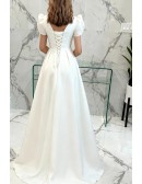 Pretty White Aline Long Satin Wedding Party Dress with Bubble Sleeves