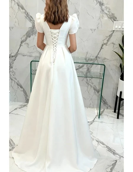 Pretty White Aline Long Satin Wedding Party Dress with Bubble Sleeves