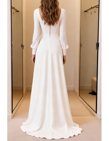 Elegant White Square Neck Wedding Dress With Long Sleeves