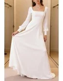 Elegant White Square Neck Wedding Dress With Long Sleeves
