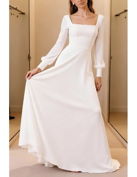 Elegant White Square Neck Wedding Dress With Long Sleeves