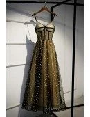 Black With Gold Stars Corset Prom Dress With Straps