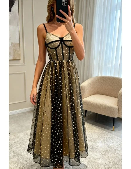 Black With Gold Stars Corset Prom Dress With Straps