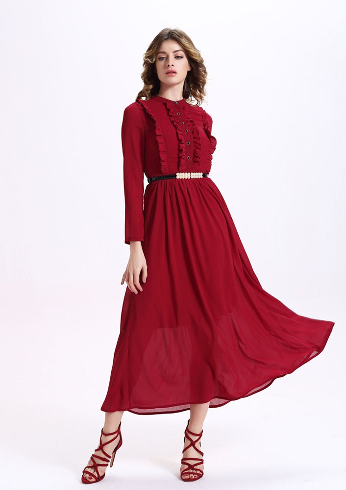 Long Sleeves Burgundy Chiffon Long Dress -GemGrace