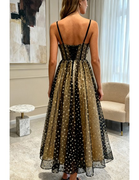 Black With Gold Stars Corset Prom Dress With Straps
