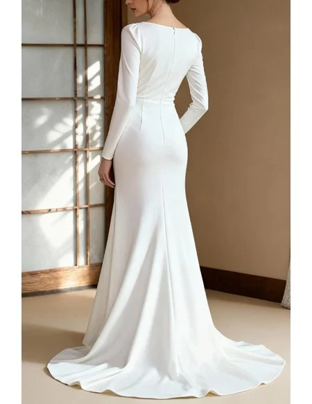 Satin Side Slit Mermaid Wedding Dress With Long Sleeves And Wrap Design