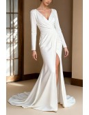 Satin Side Slit Mermaid Wedding Dress With Long Sleeves And Wrap Design