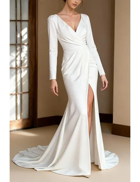 Satin Side Slit Mermaid Wedding Dress With Long Sleeves And Wrap Design