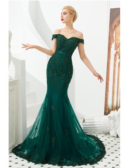 Mermaid Green Lace Beading Prom Formal Dress With Off Shoulder Strap