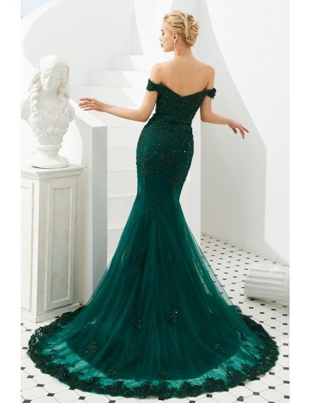 Mermaid Green Lace Beading Prom Formal Dress With Off Shoulder Strap