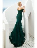 Mermaid Green Lace Beading Prom Formal Dress With Off Shoulder Strap