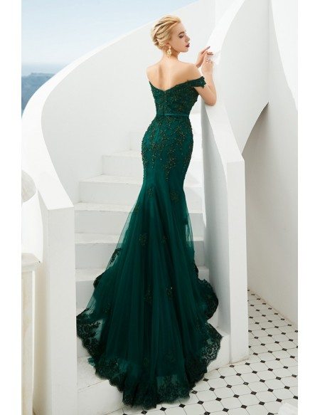 Mermaid Green Lace Beading Prom Formal Dress With Off Shoulder Strap