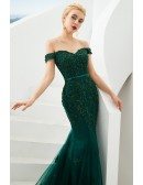 Mermaid Green Lace Beading Prom Formal Dress With Off Shoulder Strap