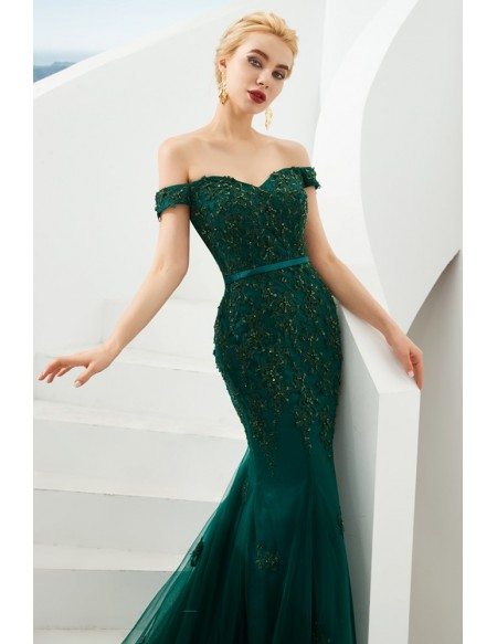 Mermaid Green Lace Beading Prom Formal Dress With Off Shoulder Strap