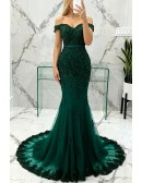 Mermaid Green Lace Beading Prom Formal Dress With Off Shoulder Strap