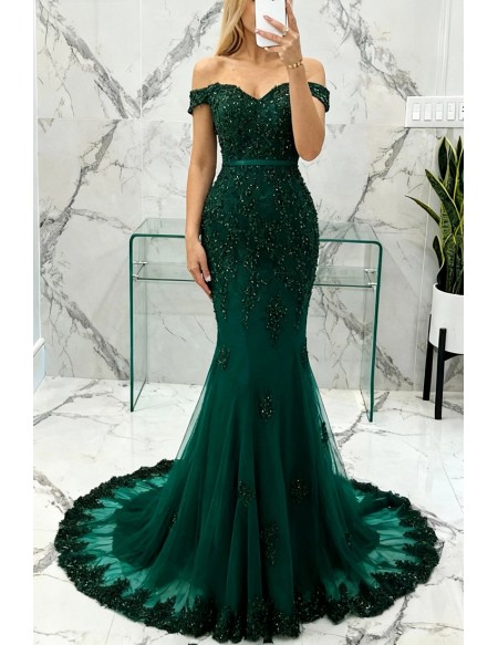 Mermaid Green Lace Beading Prom Formal Dress With Off Shoulder Strap