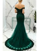 Mermaid Green Lace Beading Prom Formal Dress With Off Shoulder Strap