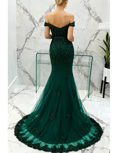 Mermaid Green Lace Beading Prom Formal Dress With Off Shoulder Strap