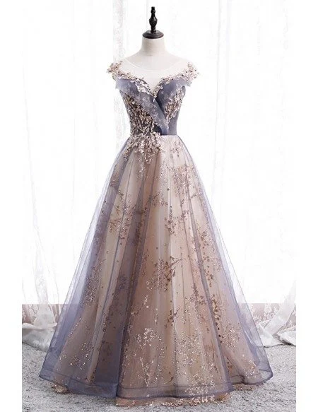 Dusty Illusion Round Neck Tulle Prom Dress with Bling Sequins