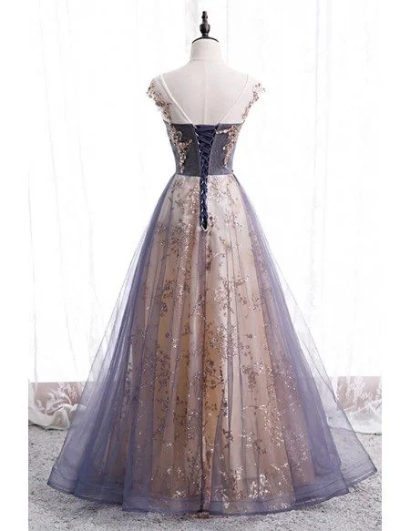 Dusty Illusion Round Neck Tulle Prom Dress with Bling Sequins