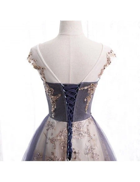 Dusty Illusion Round Neck Tulle Prom Dress with Bling Sequins