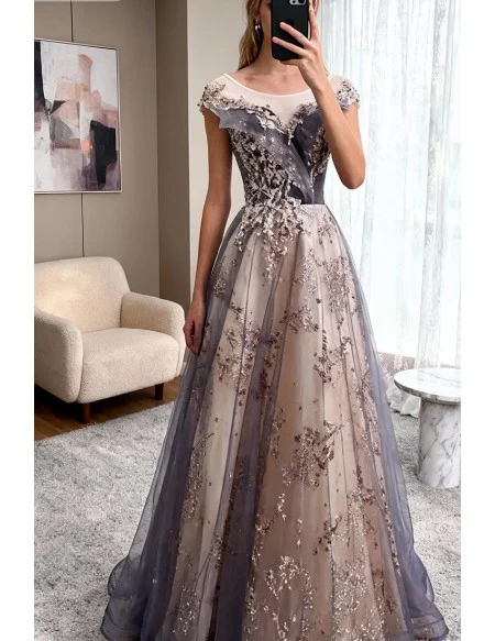 Dusty Illusion Round Neck Tulle Prom Dress with Bling Sequins