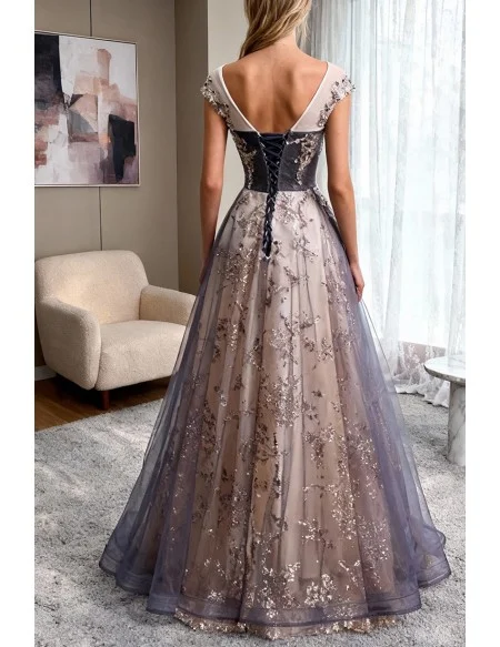 Dusty Illusion Round Neck Tulle Prom Dress with Bling Sequins