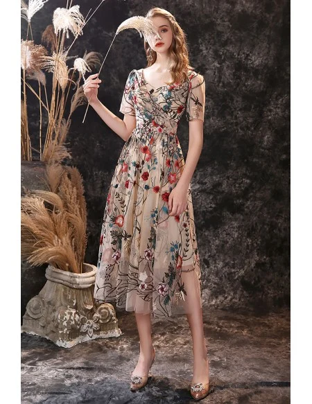 Tea Length Special Floral Embroidery Prom Dress with Short Sleeves