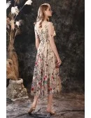 Tea Length Special Floral Embroidery Prom Dress with Short Sleeves