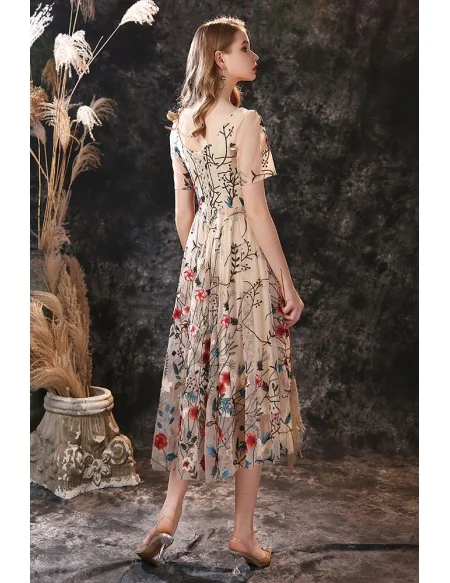 Tea Length Special Floral Embroidery Prom Dress with Short Sleeves