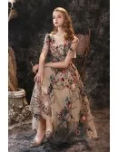 Tea Length Special Floral Embroidery Prom Dress with Short Sleeves