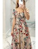 Tea Length Special Floral Embroidery Prom Dress with Short Sleeves