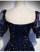 Dark Navy Bling Stars Modest Prom Dress with Sleeves