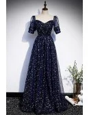 Dark Navy Bling Stars Modest Prom Dress with Sleeves