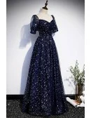 Dark Navy Bling Stars Modest Prom Dress with Sleeves