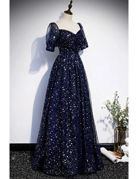 Dark Navy Bling Stars Modest Prom Dress with Sleeves