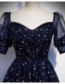Dark Navy Bling Stars Modest Prom Dress with Sleeves