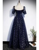 Dark Navy Bling Stars Modest Prom Dress with Sleeves
