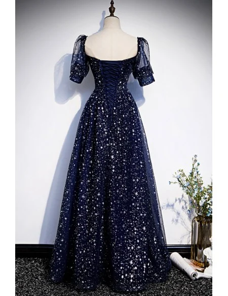 Dark Navy Bling Stars Modest Prom Dress with Sleeves