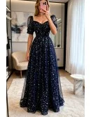 Dark Navy Bling Stars Modest Prom Dress with Sleeves