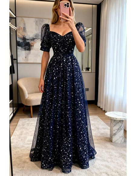 Dark Navy Bling Stars Modest Prom Dress with Sleeves