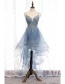 Dusty Blue High Low Prom Party Dress With Beaded Ruffles
