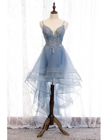 Dusty Blue High Low Prom Party Dress With Beaded Ruffles