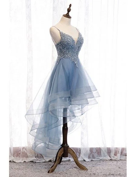 Dusty Blue High Low Prom Party Dress With Beaded Ruffles