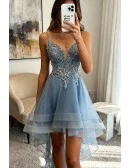 Dusty Blue High Low Prom Party Dress With Beaded Ruffles