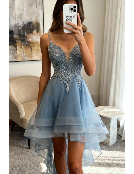 Dusty Blue High Low Prom Party Dress With Beaded Ruffles