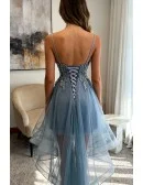 Dusty Blue High Low Prom Party Dress With Beaded Ruffles