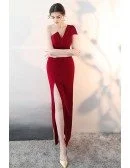 Sexy One Shoulder Burgundy Fitted Formal Dress with Slit