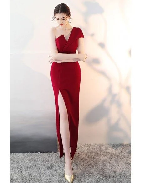 Sexy One Shoulder Burgundy Fitted Formal Dress with Slit