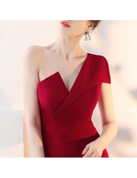 Sexy One Shoulder Burgundy Fitted Formal Dress with Slit